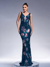 Floral Sleeveless Sequin Evening Dress